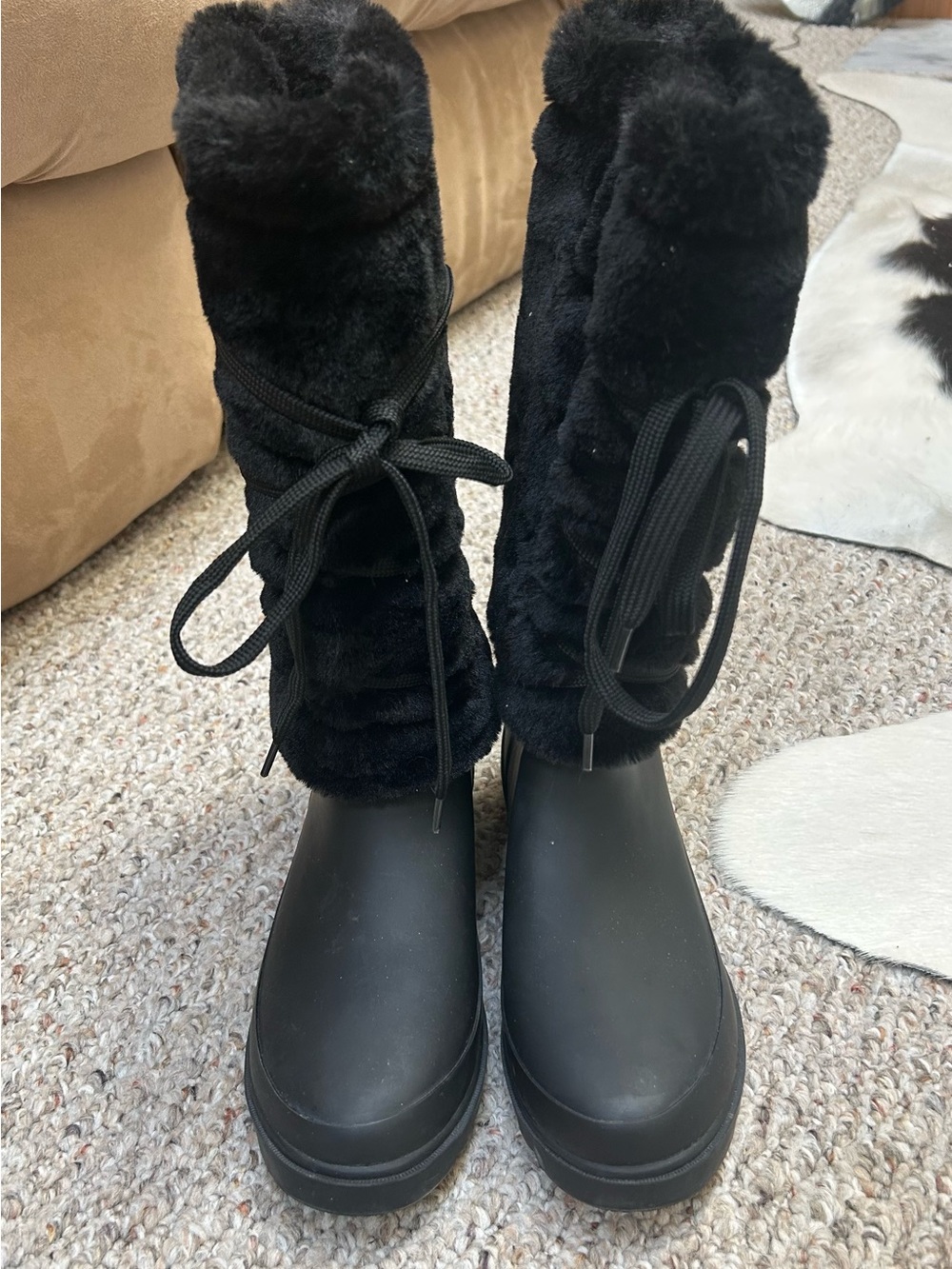 Dirty Laundry Black Faux-Fur Lace-Up Winter Rain Boots